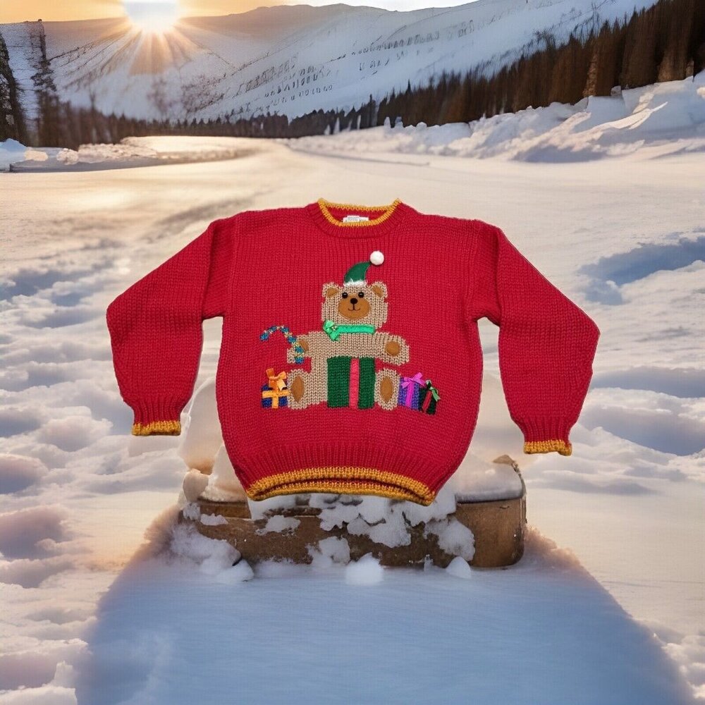 ✅VTG Color Cues Hand Knitted Bowtie Teddy Bear W/Gifts Christmas Sweater MEDIUM